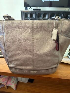 Coach Leather Tote in Taupe with Burgundy Accent
